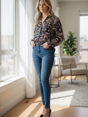 Plenty by Tracy Reese Black & Beige Geometric Long Sleeve Blouse